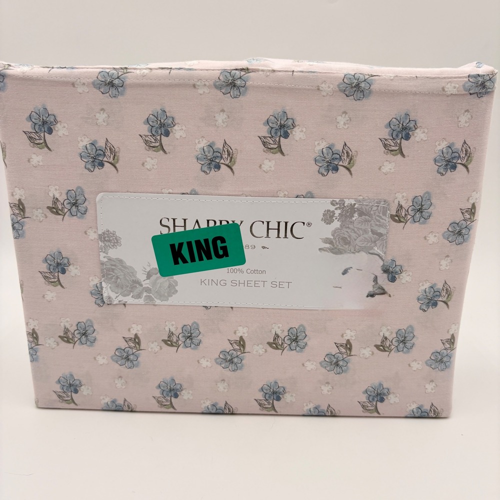 Shabby Chic King Sheet Set 100% Cotton Pink Blue Floral 4pc Cottagecore Bedding